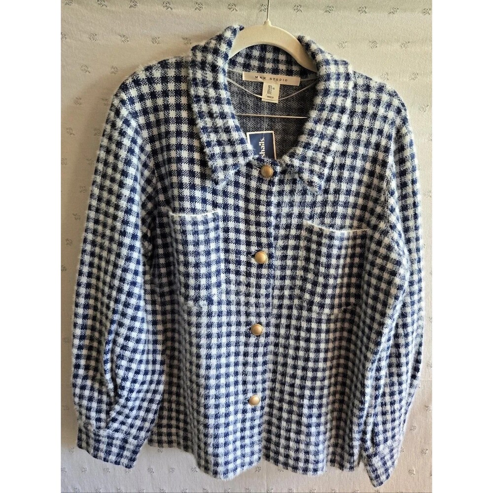 NWT Max Studio Navy Blue & White Plaid Check Button-Up Jacket Size L